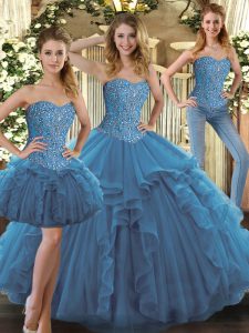 Pretty Teal Lace Up 15 Quinceanera Dress Beading and Ruffles Sleeveless Floor Length