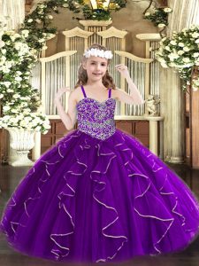 Sweet Ball Gowns Pageant Dress for Womens Purple Straps Organza Sleeveless Floor Length Lace Up