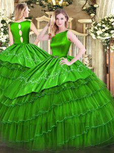 Gorgeous Green Quinceanera Dress Military Ball and Sweet 16 and Quinceanera with Embroidery and Ruffled Layers Scoop Sleeveless Clasp Handle