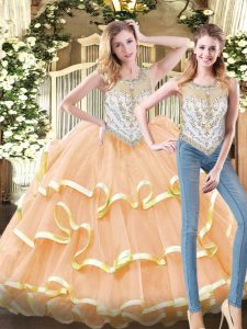 Peach Organza Zipper Scoop Sleeveless Floor Length 15th Birthday Dress Beading and Ruffled Layers