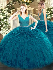 Unique V-neck Sleeveless 15 Quinceanera Dress Floor Length Beading and Ruffles Teal Tulle