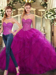 Floor Length Fuchsia Quinceanera Gown Sweetheart Sleeveless Lace Up