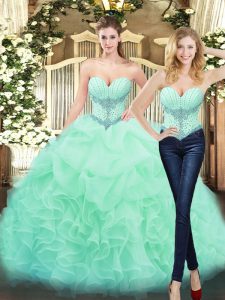 Apple Green Two Pieces Sweetheart Sleeveless Organza Floor Length Lace Up Beading and Ruffles Quince Ball Gowns