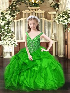 Eye-catching Green Sleeveless Beading and Ruffles Floor Length Pageant Dress for Teens
