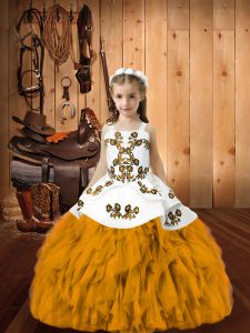 Floor Length Ball Gowns Sleeveless Gold Glitz Pageant Dress Lace Up