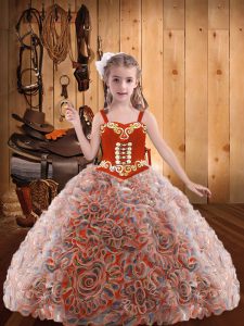 Custom Made Sleeveless Floor Length Embroidery and Ruffles Lace Up Little Girls Pageant Gowns with Multi-color