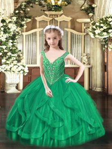 Modern V-neck Sleeveless Tulle Pageant Dress for Womens Beading and Ruffles Lace Up