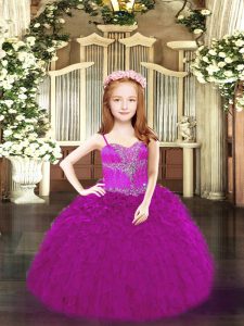 Fuchsia Sleeveless Floor Length Beading and Ruffles Lace Up Pageant Dress for Womens