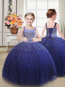 Beading Pageant Gowns For Girls Royal Blue Lace Up Sleeveless Floor Length