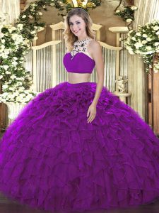 Fantastic Purple Two Pieces Halter Top Sleeveless Tulle Floor Length Backless Beading and Ruffles Custom Made