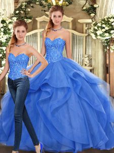Blue Lace Up Quinceanera Gown Beading and Ruffles Sleeveless Floor Length