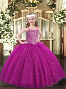Straps Sleeveless Lace Up Kids Formal Wear Fuchsia Tulle