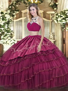 Attractive Sleeveless Floor Length Beading and Embroidery and Ruffled Layers Backless Quinceanera Gowns with Fuchsia