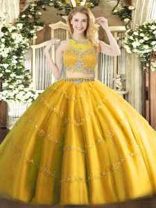 Excellent Floor Length Gold Quinceanera Dresses Tulle Sleeveless Beading