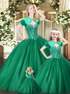 Green Tulle Lace Up Sweetheart Sleeveless Floor Length Sweet 16 Quinceanera Dress Beading