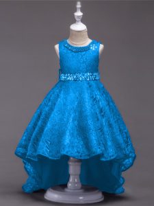 Affordable Scoop Sleeveless Child Pageant Dress High Low Beading Blue Lace