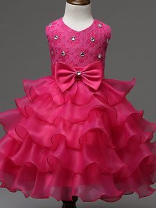 Cute Hot Pink Zipper Scoop Lace and Ruffled Layers and Bowknot Glitz Pageant Dress Organza Sleeveless