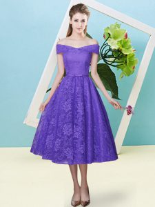 Lavender Empire Lace Off The Shoulder Cap Sleeves Bowknot Tea Length Lace Up Court Dresses for Sweet 16