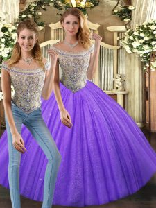 Hot Sale Floor Length Lace Up Quince Ball Gowns Eggplant Purple for Military Ball and Sweet 16 and Quinceanera with Beading