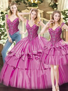 V-neck Sleeveless Quinceanera Gown Floor Length Beading and Ruffled Layers Fuchsia Organza
