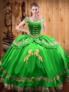 Green Lace Up Off The Shoulder Beading and Embroidery Sweet 16 Dresses Satin and Organza Sleeveless