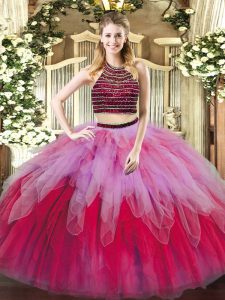 Halter Top Sleeveless Sweet 16 Dress Floor Length Beading and Ruffles Multi-color Tulle
