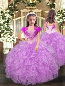 Lilac Straps Neckline Beading and Ruffles Pageant Gowns Sleeveless Lace Up