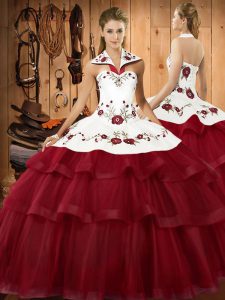 Luxury Lace Up Quinceanera Dress Wine Red for Military Ball and Sweet 16 and Quinceanera with Embroidery and Ruffled Layers Sweep Train
