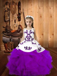 Superior Eggplant Purple Straps Neckline Embroidery and Ruffles Pageant Dress Womens Sleeveless Lace Up