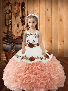 Peach Lace Up Straps Embroidery and Ruffles Pageant Gowns For Girls Fabric With Rolling Flowers Sleeveless