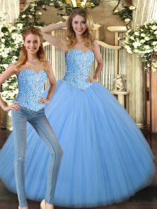 Dazzling Baby Blue Tulle Lace Up Sweetheart Sleeveless Floor Length Ball Gown Prom Dress Beading