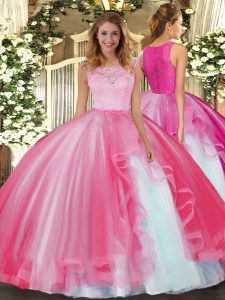 Best Hot Pink Tulle Clasp Handle Ball Gown Prom Dress Sleeveless Floor Length Lace and Ruffles