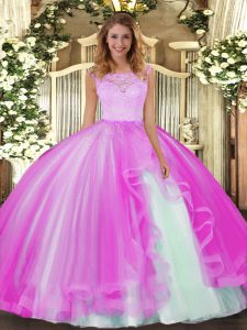 Fuchsia Ball Gowns Scoop Sleeveless Tulle Floor Length Clasp Handle Lace and Ruffles Sweet 16 Dress