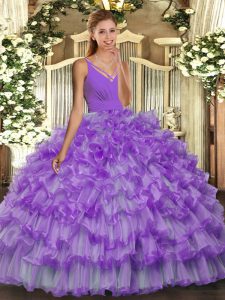 Floor Length Lavender Ball Gown Prom Dress Organza Sleeveless Ruffled Layers