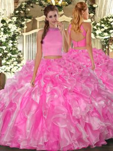 Modern Beading and Ruffles Quinceanera Gown Rose Pink Backless Sleeveless Floor Length