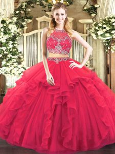 Coral Red Two Pieces Beading and Ruffles Sweet 16 Quinceanera Dress Zipper Tulle Sleeveless Floor Length