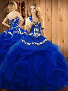 Blue Ball Gowns Sweetheart Sleeveless Organza Floor Length Lace Up Embroidery and Ruffles Sweet 16 Quinceanera Dress