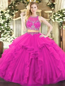 Exceptional Scoop Sleeveless Quinceanera Gowns Floor Length Beading and Ruffles Fuchsia Tulle