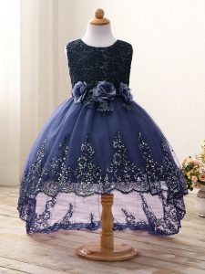 Navy Blue Ball Gowns Tulle Scoop Sleeveless Lace and Appliques and Bowknot and Hand Made Flower High Low Zipper Child Pageant Dress