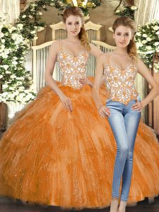 Orange Red Straps Lace Up Beading and Ruffles Military Ball Gown Sleeveless