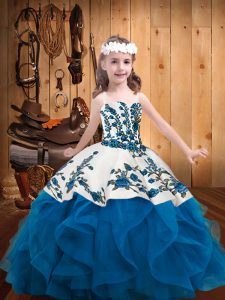 Blue Ball Gowns Organza Straps Sleeveless Embroidery and Ruffles Floor Length Lace Up Pageant Dress for Teens