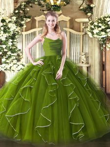 Best Selling Olive Green Zipper Straps Ruffles Quince Ball Gowns Organza Sleeveless