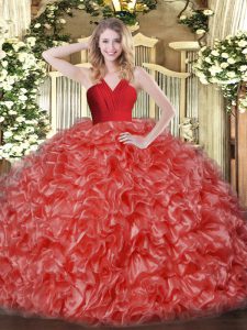 Red Ball Gowns V-neck Sleeveless Organza Floor Length Zipper Ruffles Quinceanera Dresses