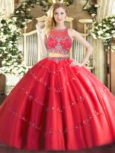 Luxury Red Sleeveless Floor Length Beading Zipper 15 Quinceanera Dress