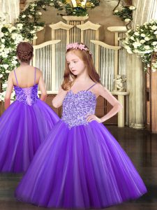 Floor Length Lavender Pageant Dress for Teens Spaghetti Straps Sleeveless Lace Up