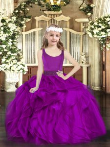 Sleeveless Organza Floor Length Zipper Girls Pageant Dresses in Fuchsia with Beading and Ruffles