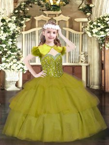 Olive Green Straps Neckline Beading and Ruffled Layers Pageant Gowns For Girls Sleeveless Lace Up