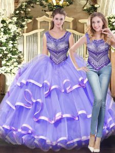 Luxury Floor Length Lace Up Ball Gown Prom Dress Lavender for Military Ball and Sweet 16 and Quinceanera with Beading and Ruffled Layers
