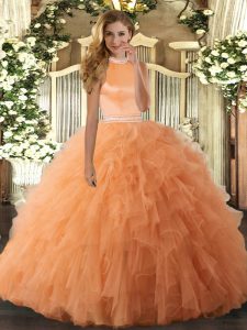 Attractive Floor Length Orange Quinceanera Gown Organza Sleeveless Beading and Ruffles
