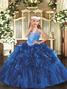 Sleeveless Floor Length Beading and Ruffles Lace Up Little Girl Pageant Gowns with Blue